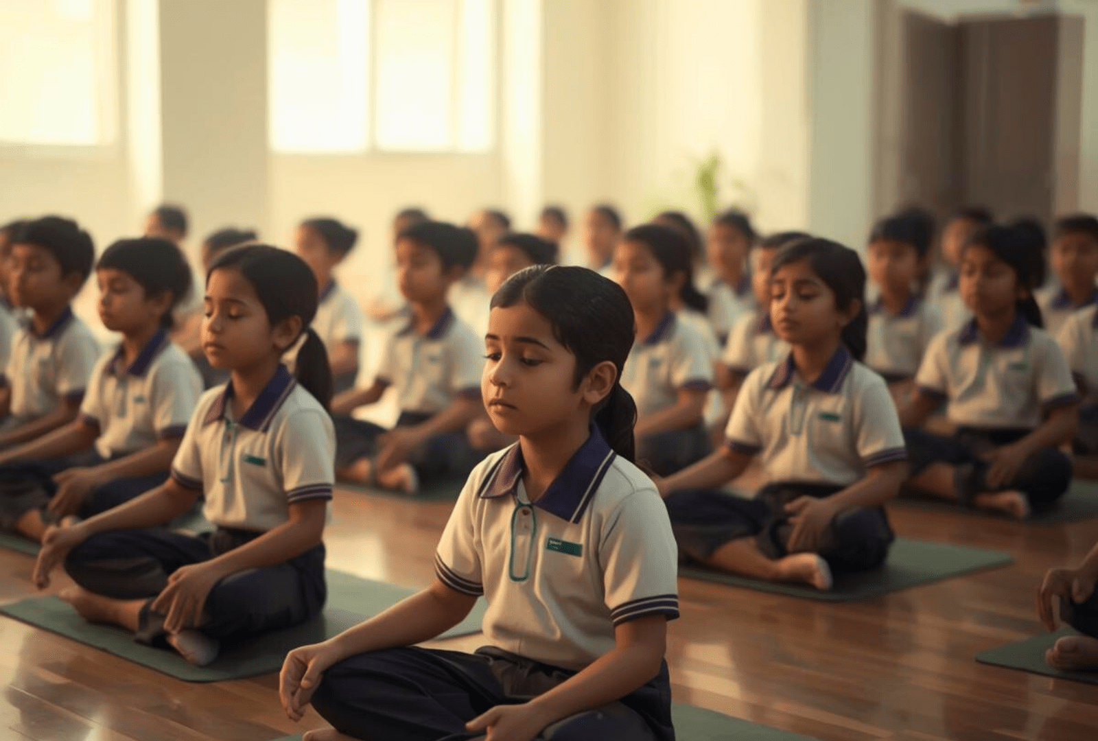 Children meditating in hall