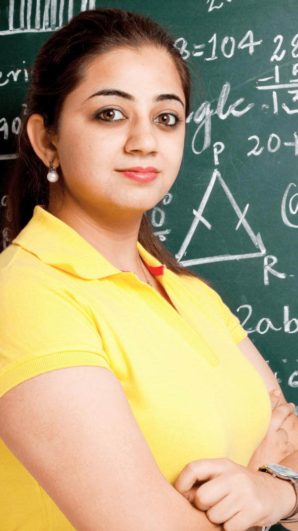 Teacher with equations in the background